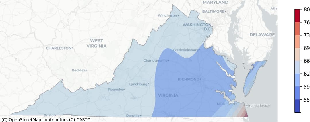 Virginia tropical cyclone risk heat map: Regions color-coded based on frequency of hurricanes and tropical storms, weighted by wind speed, derived from NOAA's historical cyclone track data